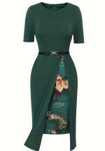 This Women Green Short Sleeve Round Neck Slit Elegant Dress With Belt Made Of Soft And Elastic Fabric. Global Lover Wholesale Plus Size Dresses And Hope Curvy Ladies Find Here a Warm And Exciting Place To Shop Affordable Curvy Dresses Online - Plus Size Casual