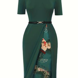 This Women Green Short Sleeve Round Neck Slit Elegant Dress With Belt Made Of Soft And Elastic Fabric. Global Lover Wholesale Plus Size Dresses And Hope Curvy Ladies Find Here a Warm And Exciting Place To Shop Affordable Curvy Dresses Online - Plus Size Casual