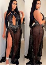 This Women Halter Neck See-Through Slit Hollow Dress Design Made Of High Quality Polyster And Spandex Material