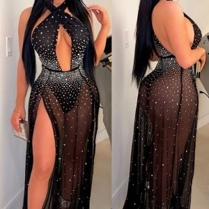 This Women Halter Neck See-Through Slit Hollow Dress Design Made Of High Quality Polyster And Spandex Material