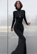 Diese Frauen hohen Hals lange Ärmel Bodycon Maxi Kleid Design von hoher Qualität Polyster und Spandex Material gemacht