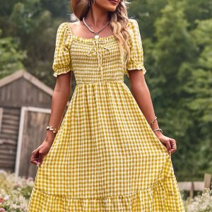 This Women Holidays Off Shoulder Plaid Dress Design Made Of High Quality Polyster And Spandex Material. It Is Stretchy