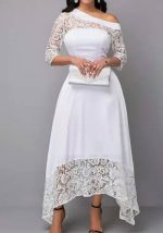 This Women Irregular Lace Off-Shoulder Hollow Solid White Maxi Dress Design Made Of High Quality Polyster And Spandex Material. It Come With Good Stretch And Wearing Comfortable. Women¡¯s Midi Dresses Is Omnipotent And Suit For All Kinds Of Occasions - Daily Wear