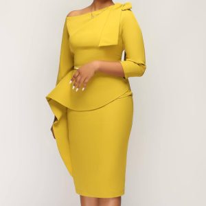 This Women Irregular Off-The-Shoulder Three-Quarter Sleeve Dress Design Made Of High Quality Polyster And Spandex Material. It Come With Good Stretch And Wearing Comfortable. Women¡¯s Midi Dresses Is Omnipotent And Suit For All Kinds Of Occasions - Daily Wear