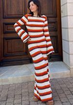 This Women Knitting Hollow Stripe Contrast Color Beach Holidays Sexy Long Dress Combine The Warm And Fashion. It Is a Must-Have Item For This Winter. Sweater Dresses For Women At Global Lover Comes For Different Occasions - Daily Life