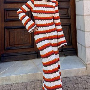 This Women Knitting Hollow Stripe Contrast Color Beach Holidays Sexy Long Dress Combine The Warm And Fashion. It Is a Must-Have Item For This Winter. Sweater Dresses For Women At Global Lover Comes For Different Occasions - Daily Life