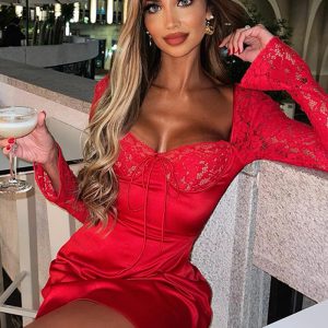 This Women Lace See-Throu Sexy Bell Bottom Sleeve Red Dress Design Made Of High Quality Polyster And Spandex Material. It Is Stretchy