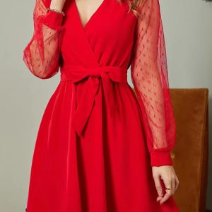 This Women Lace v Neck Long Sleeve Dress Design Made Of High Quality Polyster And Spandex Material. It Is Stretchy