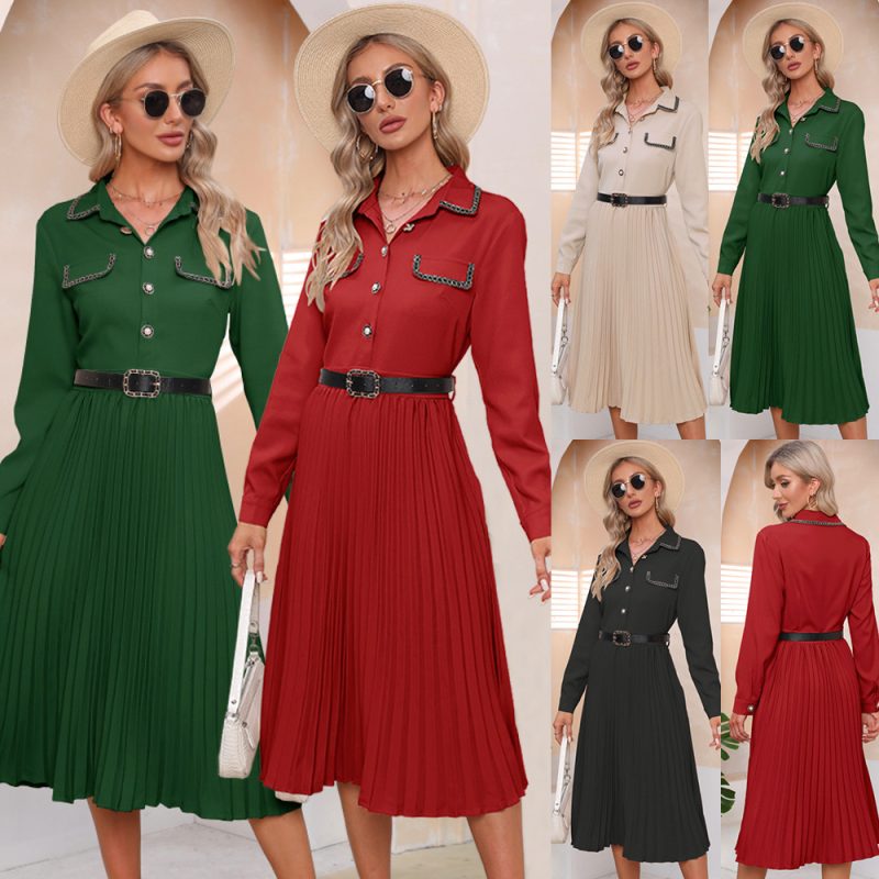 This Women Long Sleeve Belt Maxi Pleated Dress Design Made Of High Quality Polyster And Spandex Material