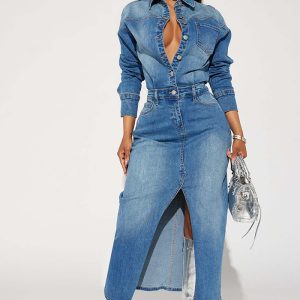 This Women Long Sleeve Denim Dress Design Made Of High Quality Polyster And Spandex Material. It Is Stretchy