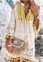 This Women Long Sleeve Fringe Patchwork Dress Design Made Of High Quality Polyster And Spandex Material. It Is Stretchy