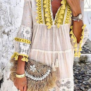 This Women Long Sleeve Fringe Patchwork Dress Design Made Of High Quality Polyster And Spandex Material. It Is Stretchy