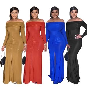 This Women Long Sleeve Off Shoulder Sexy Slit Bodycon Long Dress Design Made Of Good Quality Polyster And Spandex Material