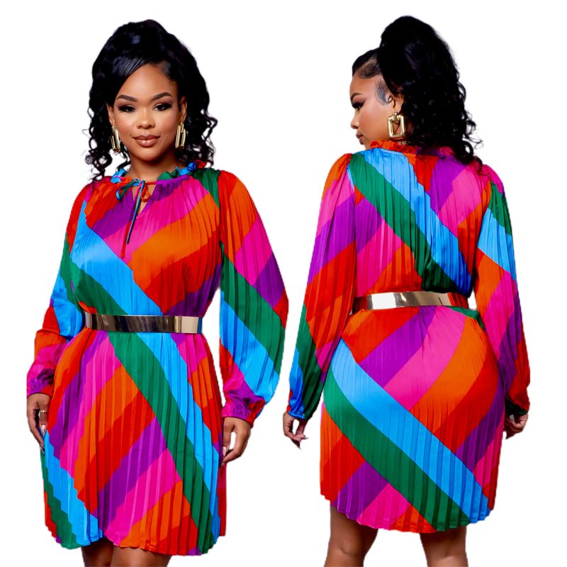 This Women Long Sleeve Pleated Rainbow Print Dresses Design Made Of High Quality Polyster And Spandex Material. It Is Stretchy