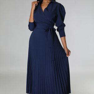 This Women Long Sleeve Polo Neck Pleated Dress Design Made Of High Quality Polyster And Spandex Material