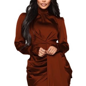 This Women Long Sleeve Turtleneck Dress Design Made Of High Quality Polyster And Spandex Material. It Is Stretchy