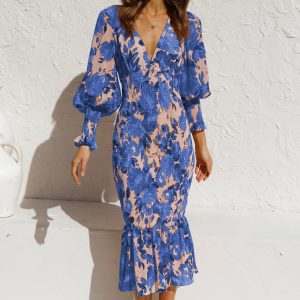 This Women Long Sleeve v-Neck Printed Ruffle Dress Design Made Of High Quality Polyster And Spandex Material. Print Dresses Is More Interesting And Stylish. Print Maxi Dresses Is One Of The Popular Item For Islander Vocations. Women¡¯s Print Dresses At Global Lover Comes With Forever Floral