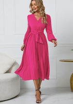 This Women Long-Sleeved Pleated Belt v-Neck Dress Design Made Of High Quality Polyster And Spandex Material