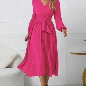 This Women Long-Sleeved Pleated Belt v-Neck Dress Design Made Of High Quality Polyster And Spandex Material