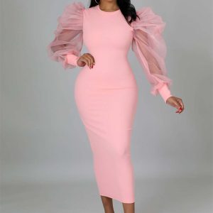 This Women Mesh Puff Sleeve Dress Design Made Of High Quality Polyster And Spandex Material