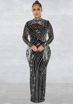 This Women Mesh See-Through Beaded Long Sleeve Maxi Dress Set Design Made Of High Quality Polyster And Spandex Material