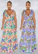 This Women Multi-Color Sleeveless Lace-Up Maxi Dress Design Made Of High Quality Polyster And Spandex Material