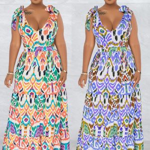 This Women Multi-Color Sleeveless Lace-Up Maxi Dress Design Made Of High Quality Polyster And Spandex Material