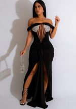 This Women Off Shoulder Sequin Slit Dress Design Made Of High Quality Polyster And Spandex Material