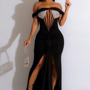 This Women Off Shoulder Sequin Slit Dress Design Made Of High Quality Polyster And Spandex Material