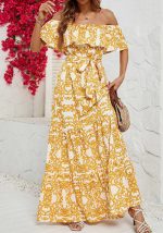 This Women Off Shoulder Short Sleeve Printed Ruffle Maxi Dress Design Made Of High Quality Polyster And Spandex Material