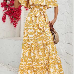 This Women Off Shoulder Short Sleeve Printed Ruffle Maxi Dress Design Made Of High Quality Polyster And Spandex Material