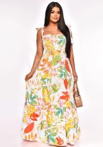 This Women Off Shoulder Sleeveless Tie Print Beach Dress Design Made Of High Quality Polyster And Spandex Material