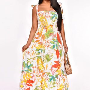 This Women Off Shoulder Sleeveless Tie Print Beach Dress Design Made Of High Quality Polyster And Spandex Material