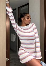 This Women Off Shoulder Stripe Bell Bottom Sleeve Dress Design Made Of High Quality Polyster And Spandex Material. It Is Stretchy