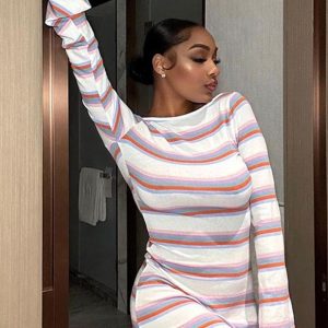 This Women Off Shoulder Stripe Bell Bottom Sleeve Dress Design Made Of High Quality Polyster And Spandex Material. It Is Stretchy