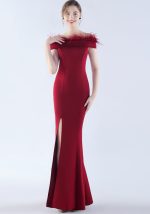 This Women Ostrich Feather Off Shoulder Strapless Evening Dress Design Made Of Good Quality Polyster And Spandex Material