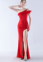 This Women Ostrich Feather Party Dinner Evening Dress Design Made Of Good Quality Polyster And Spandex Material