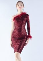 This Women Ostrich Feather Slash Shoulder Long Sleeve Evening Dress Design Made Of Good Quality Polyster And Spandex Material