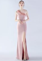 This Women Ostrich Feather Slash Shoulder One Shoulder Evening Dress Design Made Of Good Quality Polyster And Spandex Material