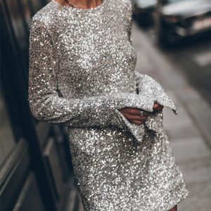 This Women Party Sequin Long Sleeve Slit Dress Design Made Of High Quality Polyster And Spandex Material. It Is Stretchy