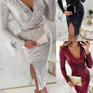 This Women Party Sequin Slit Long Sleeve Dress Design Made Of High Quality Polyster And Spandex Material. It Come With Good Stretch And Wearing Comfortable And Feeling Freedom. The Tight And Fitted Dress Is The Most Popular Options From Party Girls. Shop Bodycon Dresses At Global Lover And Find Amazing Designs Sequins