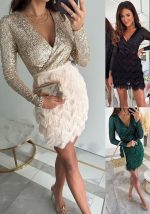 This Women Party Sequin v Neck Long Sleeve Sexy Dress Design Made Of High Quality Polyster And Spandex Material. It Is Stretchy