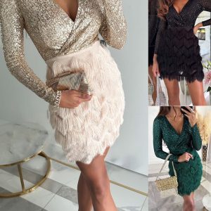 This Women Party Sequin v Neck Long Sleeve Sexy Dress Design Made Of High Quality Polyster And Spandex Material. It Is Stretchy