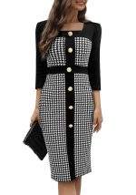 This Women Patchwork Button Houndstooth Career Dress Design Made Of High Quality Polyster And Spandex Material. It Come With Good Stretch And Wearing Comfortable. Women¡¯s Midi Dresses Is Omnipotent And Suit For All Kinds Of Occasions - Daily Wear