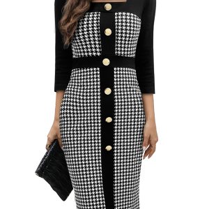 This Women Patchwork Button Houndstooth Career Dress Design Made Of High Quality Polyster And Spandex Material. It Come With Good Stretch And Wearing Comfortable. Women¡¯s Midi Dresses Is Omnipotent And Suit For All Kinds Of Occasions - Daily Wear