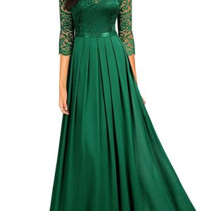 This Women Patchwork Chiffon Round Neck Lace Evening Gown Design Made Of High Quality Polyster And Spandex Material