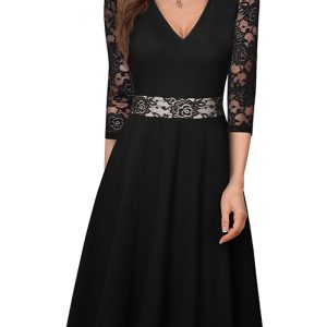 This Women Patchwork Lace Long Sleeve Dress Design Made Of High Quality Polyster And Spandex Material. It Come With Good Stretch And Wearing Comfortable. Women¡¯s Midi Dresses Is Omnipotent And Suit For All Kinds Of Occasions - Daily Wear