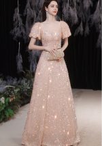 This Women Pink Princess Puff Sleeve Evening Dress Design Made Of Good Quality Polyster And Spandex Material