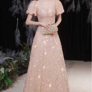 This Women Pink Princess Puff Sleeve Evening Dress Design Made Of Good Quality Polyster And Spandex Material