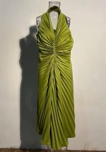 This Women Pleated Halter Neck Slip-On Sleeveless Dress Design Made Of High Quality Polyster And Spandex Material. It Is Stretchy